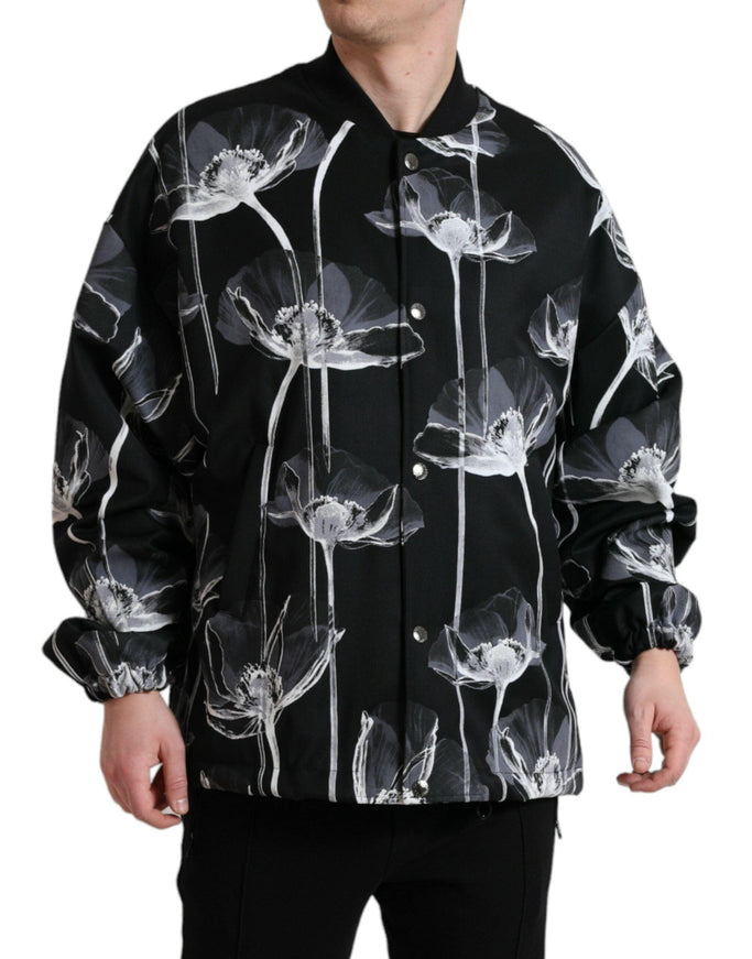 Dolce & Gabbana Black Floral Print Wool Button Down Bomber Jacket - Ellie Belle