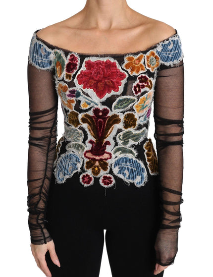 Dolce & Gabbana Black Floral Ricamo Top T-shirt Blouse - Ellie Belle