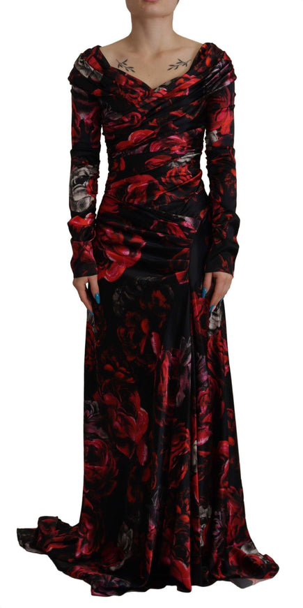 Dolce & Gabbana Black Floral Roses A-Line Sheath Gown Dress - Ellie Belle