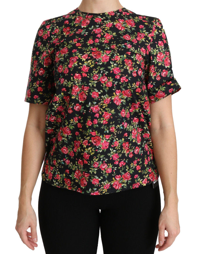 Dolce & Gabbana Black Floral Roses Short Sleeve Top Blouse