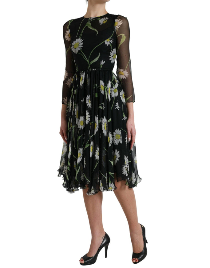 Dolce & Gabbana Black Floral Sheer A-line Knee Length Dress - Ellie Belle