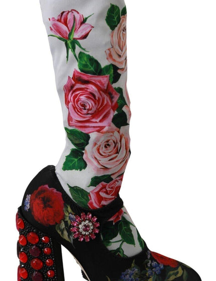 Dolce & Gabbana Black Floral Socks Crystal Jersey Boots Shoes - Ellie Belle