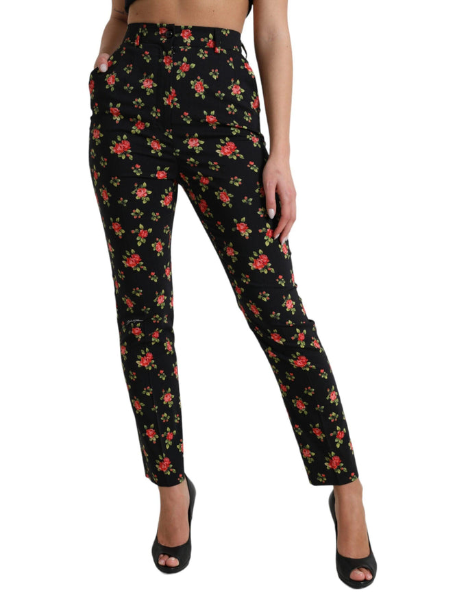 Dolce & Gabbana Black Floral Wool High Waist Tapered Pants - Ellie Belle