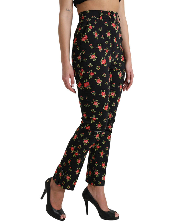 Dolce & Gabbana Black Floral Wool High Waist Tapered Pants - Ellie Belle