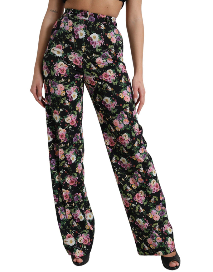 Dolce & Gabbana Black Floral Wool High Waist Wide Leg Pants - Ellie Belle