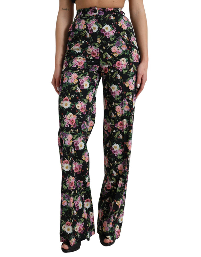 Dolce & Gabbana Black Floral Wool High Waist Wide Leg Pants - Ellie Belle