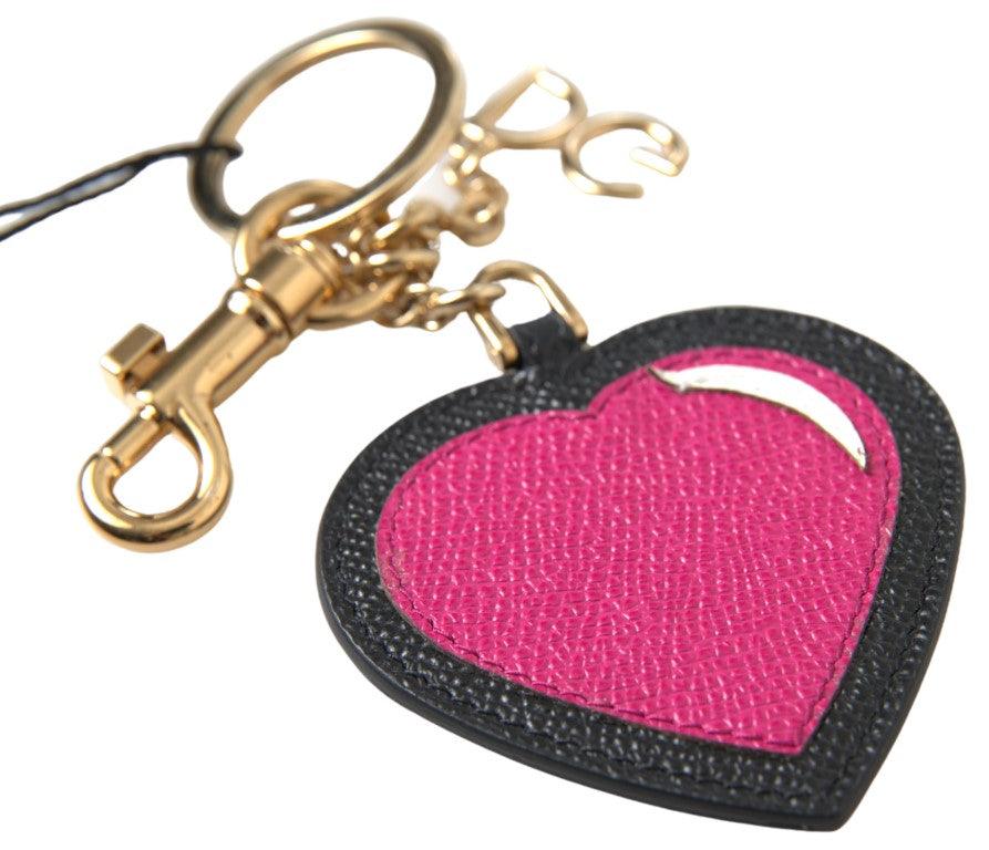 Dolce & Gabbana Black Fuchsia Heart Leather Gold Metal Keyring Keychain - Ellie Belle