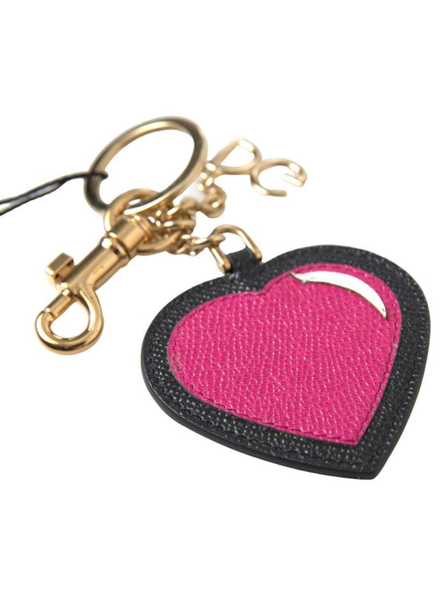Dolce & Gabbana Black Fuchsia Heart Leather Gold Metal Keyring Keychain - Ellie Belle