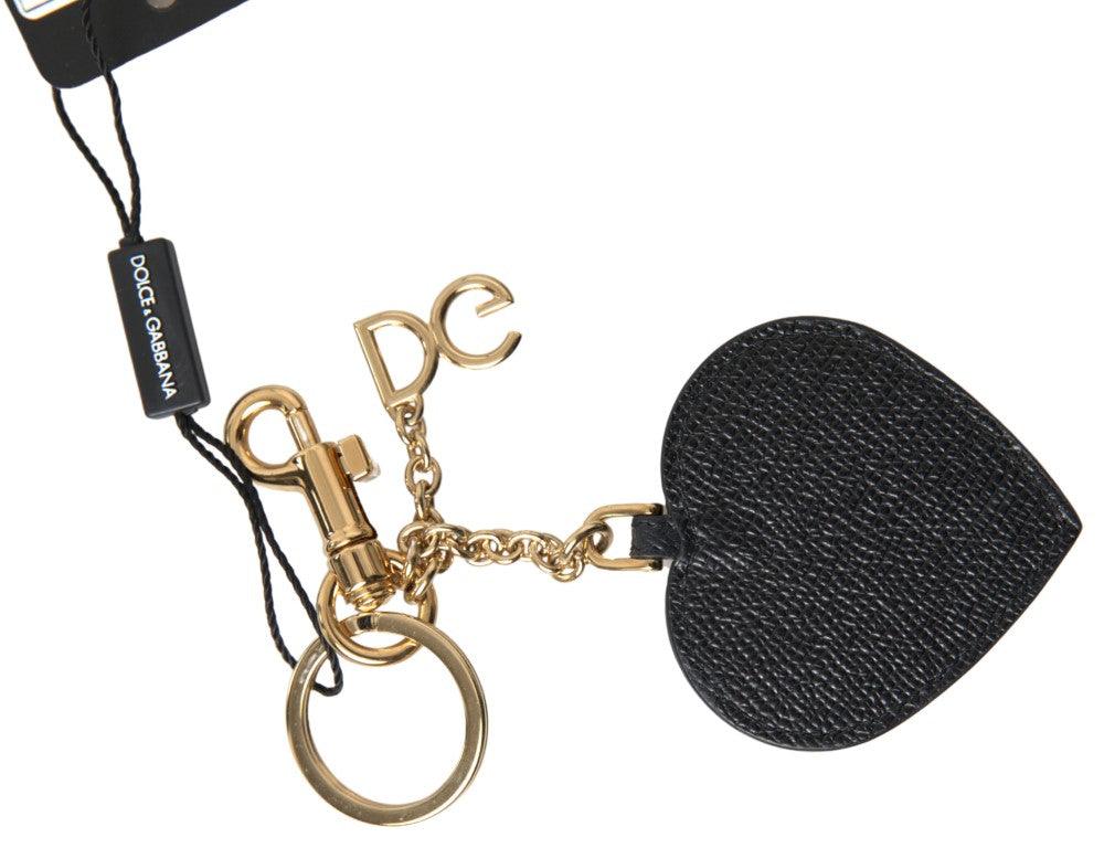 Dolce & Gabbana Black Fuchsia Heart Leather Gold Metal Keyring Keychain - Ellie Belle