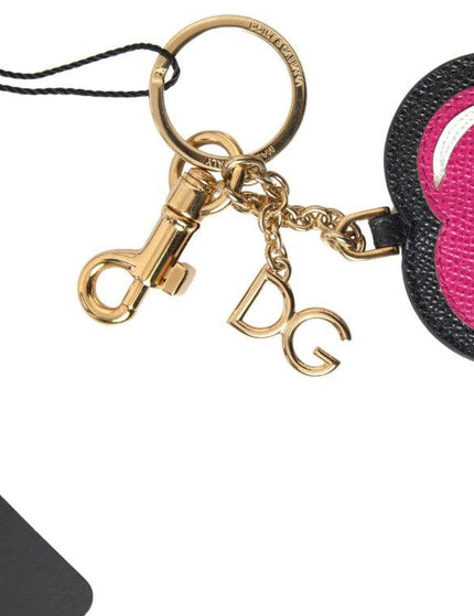 Dolce & Gabbana Black Fuchsia Heart Leather Gold Metal Keyring Keychain - Ellie Belle
