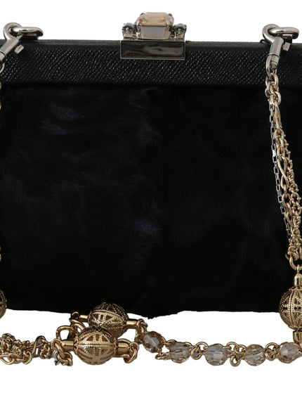 Dolce & Gabbana Black Fur Brocade Crystal Shoulder VANDA Purse - Ellie Belle
