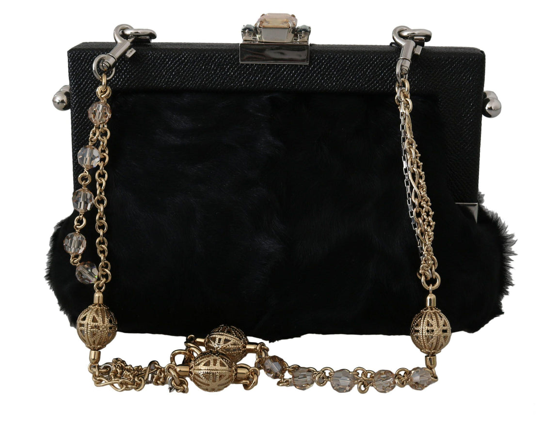 Dolce & Gabbana Black Fur Brocade Crystal Shoulder VANDA Purse - Ellie Belle