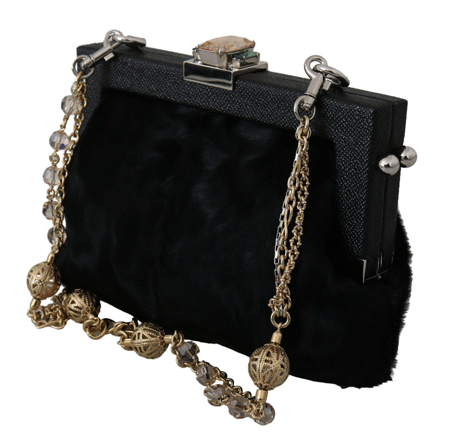 Dolce & Gabbana Black Fur Brocade Crystal Shoulder VANDA Purse - Ellie Belle