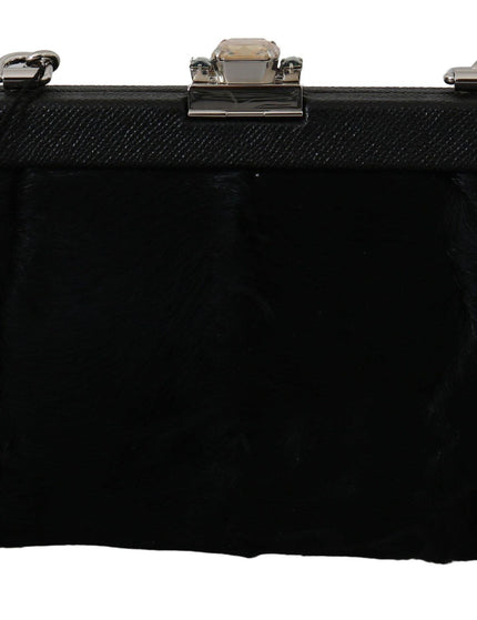 Dolce & Gabbana Black Fur Brocade Crystal Shoulder VANDA Purse - Ellie Belle