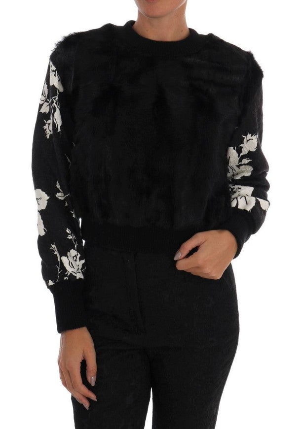 Dolce & Gabbana Black Fur Floral Brocade Zipper Sweater