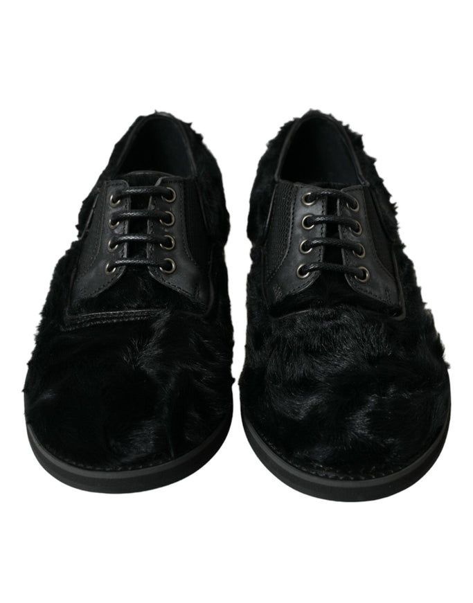 Dolce & Gabbana Black Fur Leather Lace Up Derby Dress Shoes - Ellie Belle