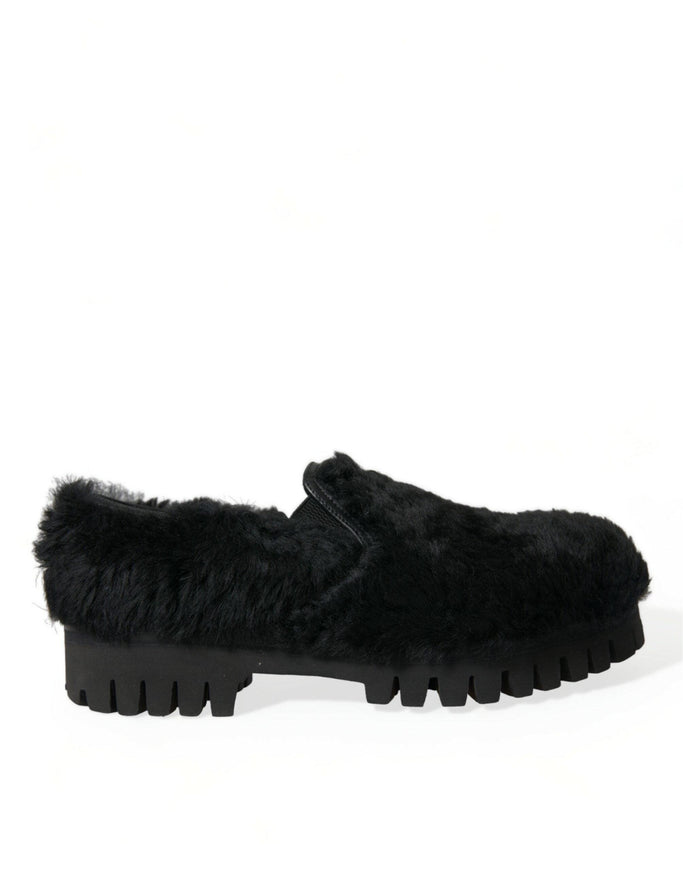 Dolce & Gabbana Black Fur Leather Slippers Dress Shoes - Ellie Belle