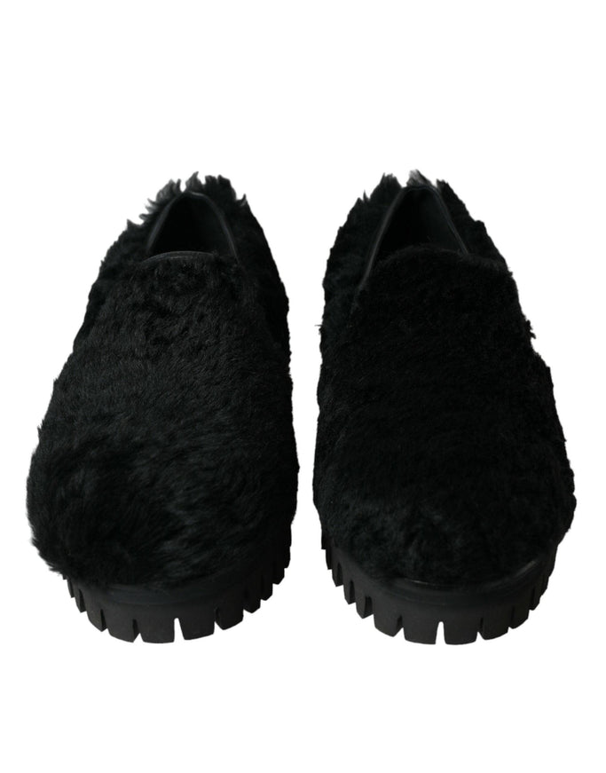 Dolce & Gabbana Black Fur Leather Slippers Dress Shoes - Ellie Belle