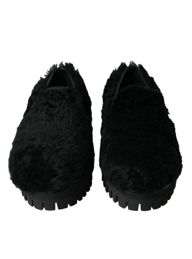 Dolce & Gabbana Black Fur Leather Slippers Dress Shoes - Ellie Belle