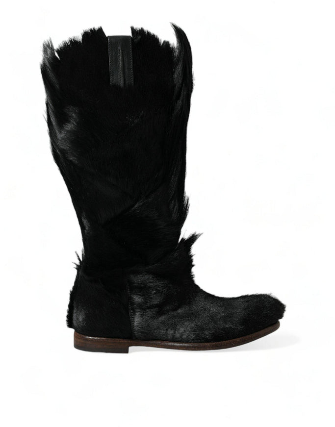 Dolce & Gabbana Black Gazelle Fur Mid Calf Winter Boots Shoes - Ellie Belle