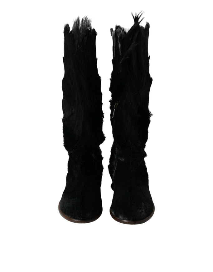 Dolce & Gabbana Black Gazelle Fur Mid Calf Winter Boots Shoes - Ellie Belle