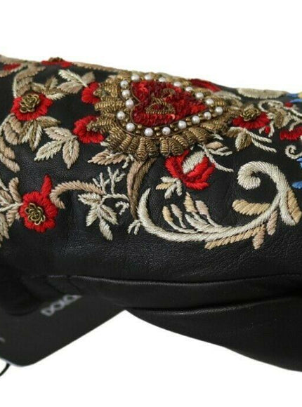 Dolce & Gabbana Black Genuine Leather DG Heart Embroidered Gloves - Ellie Belle