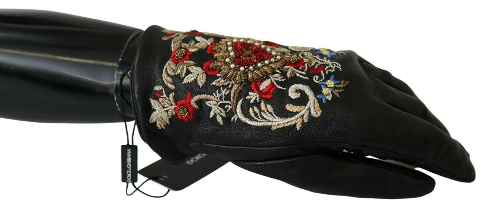 Dolce & Gabbana Black Genuine Leather DG Heart Embroidered Gloves - Ellie Belle