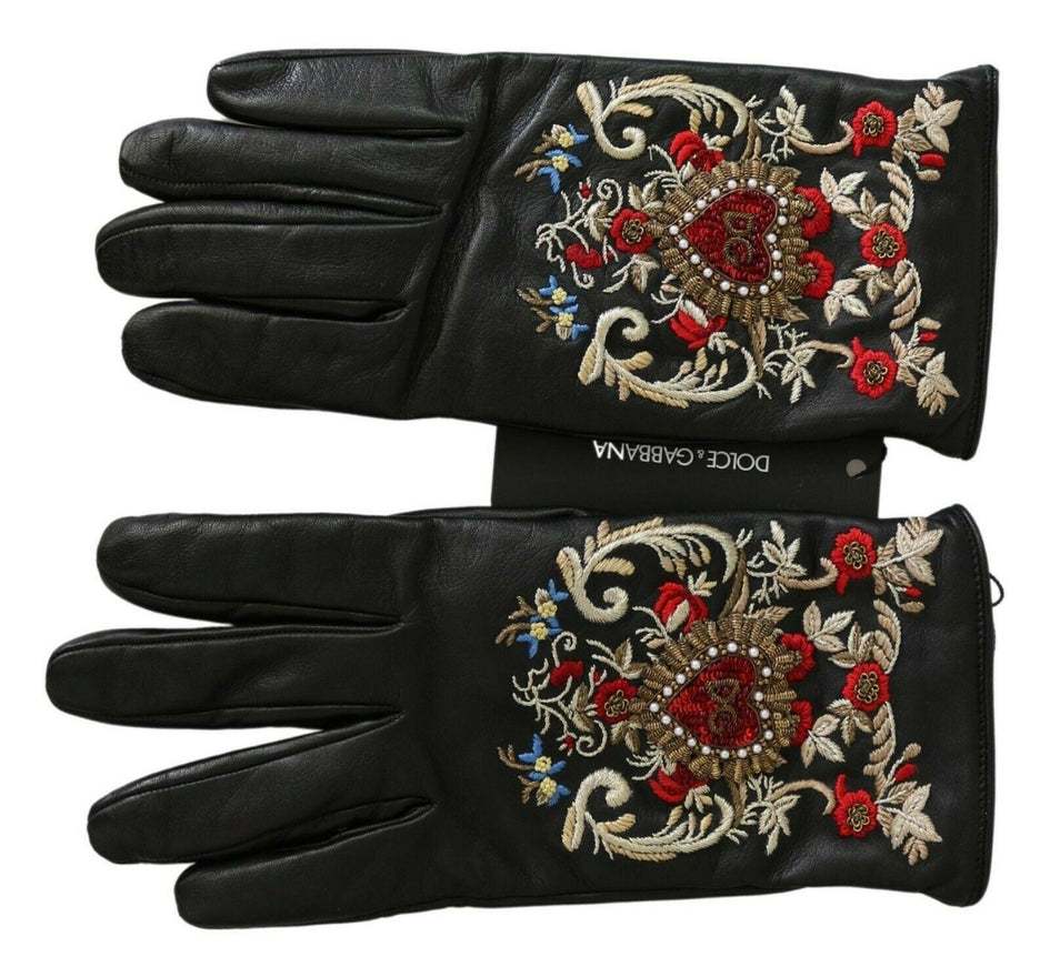 Dolce & Gabbana Black Genuine Leather DG Heart Embroidered Gloves - Ellie Belle