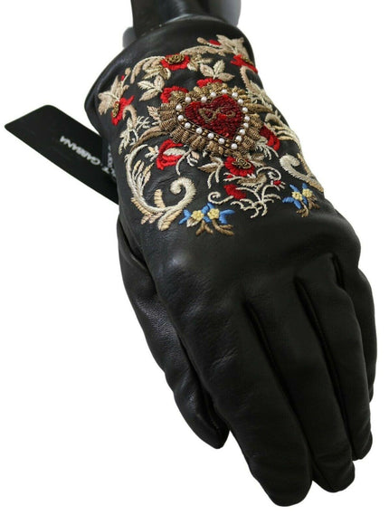 Dolce & Gabbana Black Genuine Leather DG Heart Embroidered Gloves - Ellie Belle