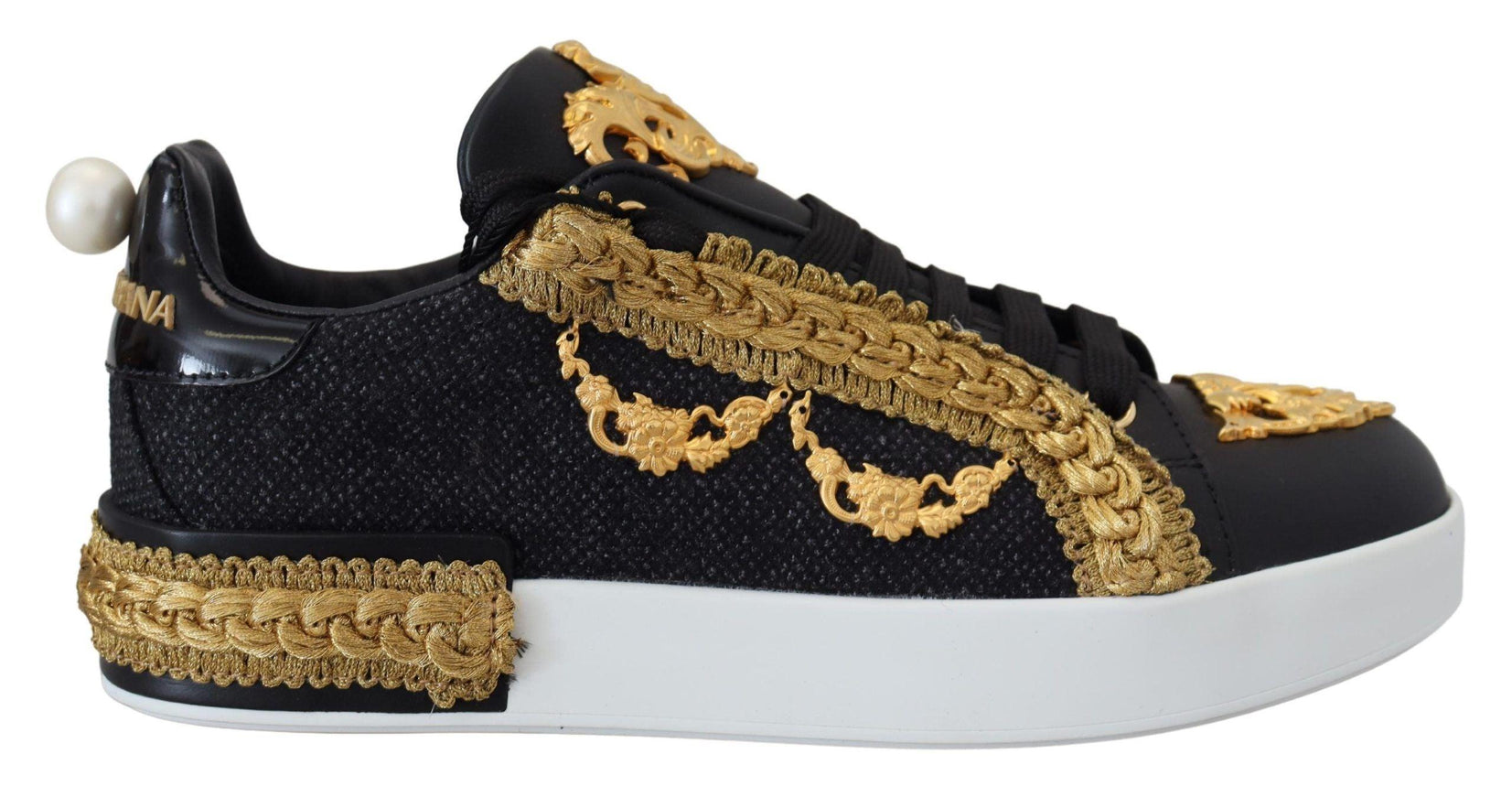 Dolce & Gabbana Black Gold Baroque Portofino Leather Sneakers Shoes - Ellie Belle