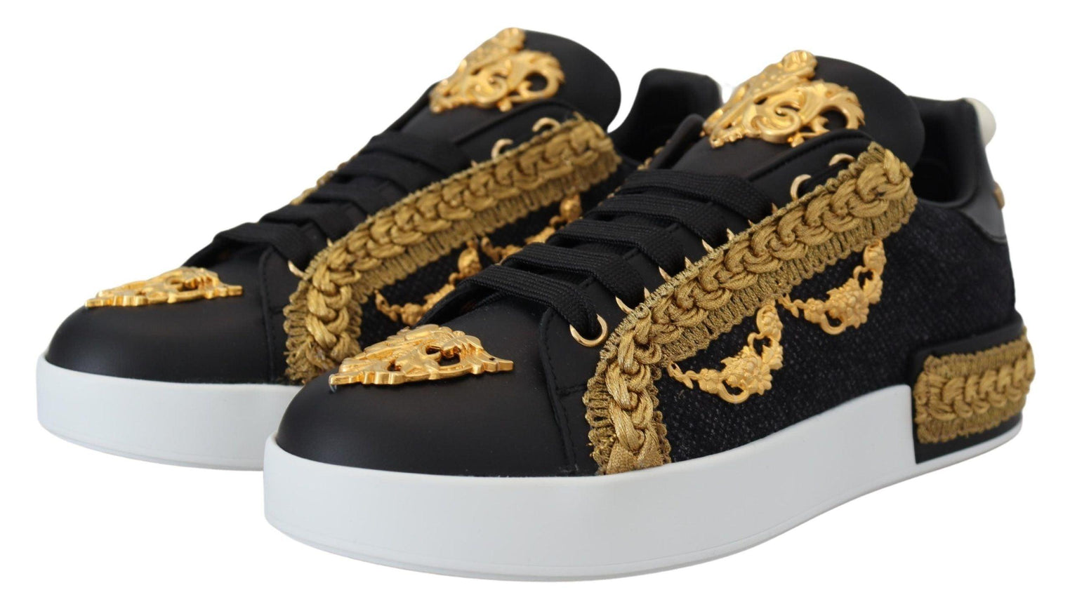 Dolce & Gabbana Black Gold Baroque Portofino Leather Sneakers Shoes - Ellie Belle