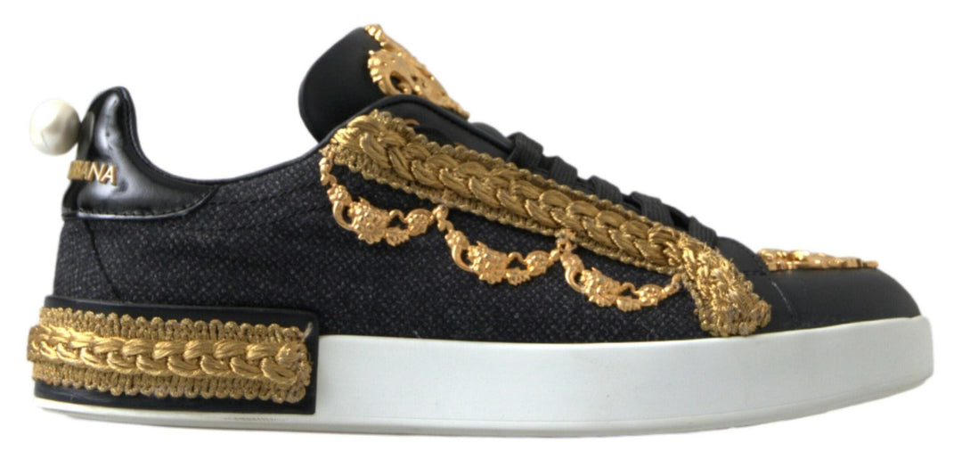 Dolce & Gabbana Black Gold Baroque Portofino Sneakers Shoes - Ellie Belle