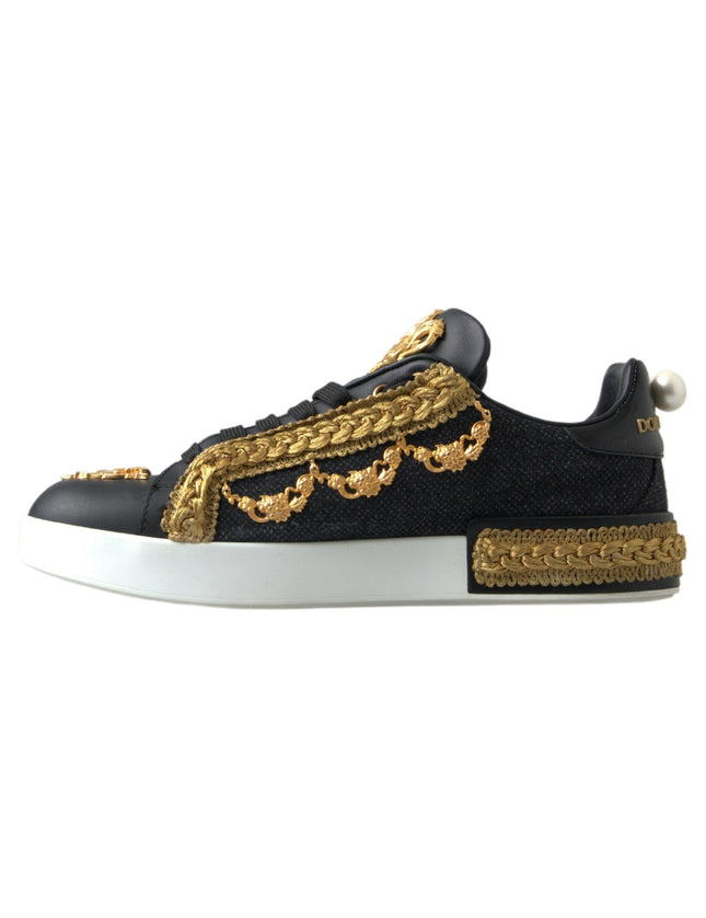 Dolce & Gabbana Black Gold Baroque Portofino Sneakers Shoes - Ellie Belle
