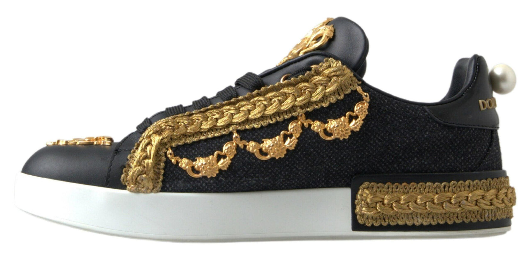 Dolce & Gabbana Black Gold Baroque Portofino Sneakers Shoes - Ellie Belle