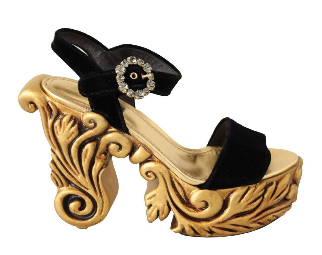 Dolce & Gabbana Black Gold Baroque Velvet Heels Crystal Shoes - Ellie Belle