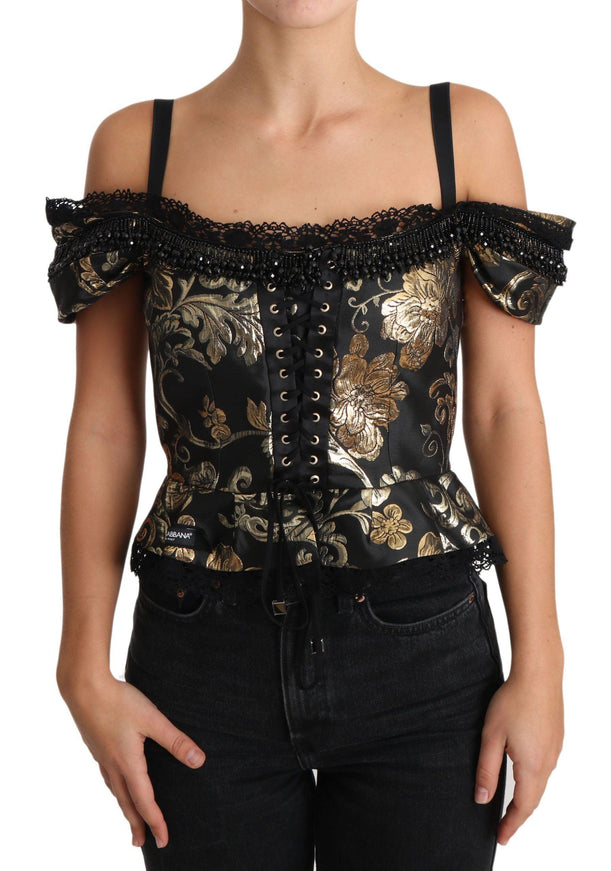 Dolce & Gabbana Black Gold Floral Jacquard Crystal Blouse