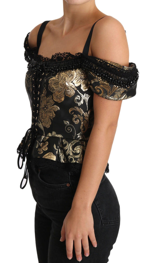 Dolce & Gabbana Black Gold Floral Jacquard Crystal Blouse