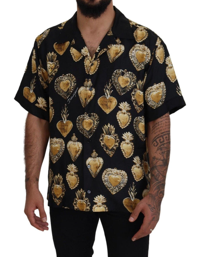 Dolce & Gabbana Black Gold Heart Short Sleeve Silk Satin Shirt - Ellie Belle