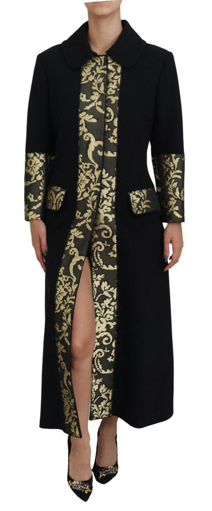Dolce & Gabbana Black Gold Jacquard Long Trench Coat Jacket - Ellie Belle
