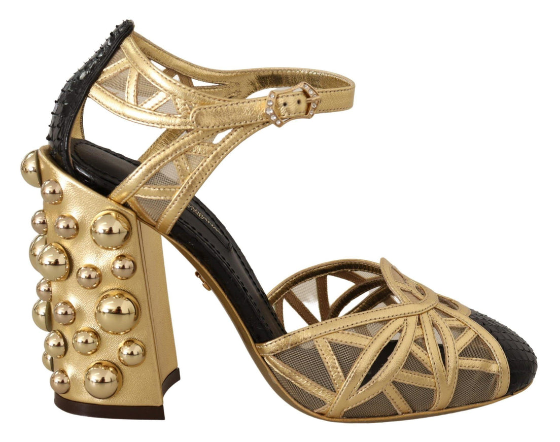 Dolce & Gabbana Black Gold Leather Studded Ankle Straps Shoes - Ellie Belle