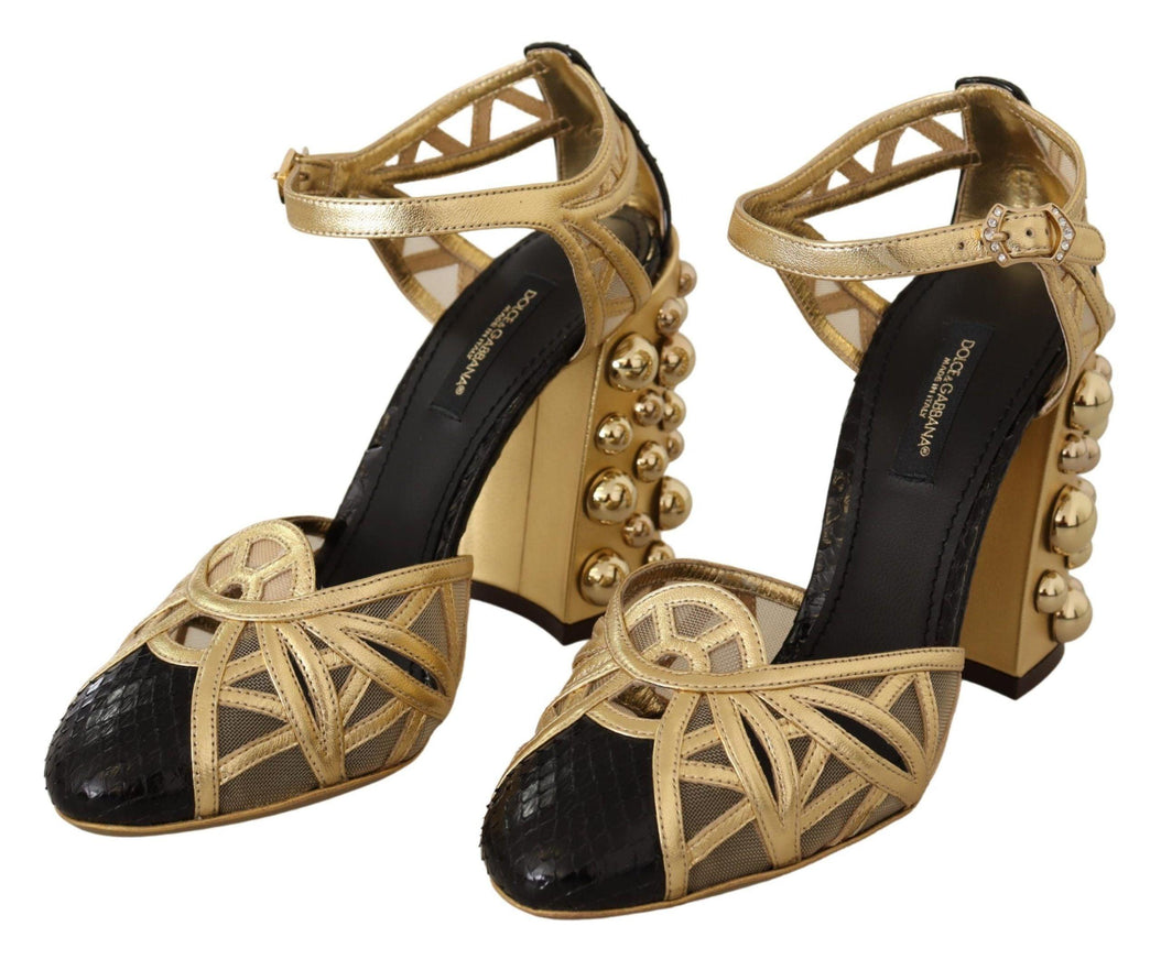 Dolce & Gabbana Black Gold Leather Studded Ankle Straps Shoes - Ellie Belle