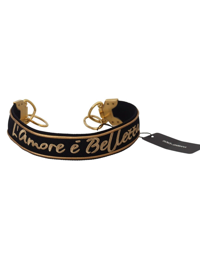 Dolce & Gabbana Black Gold Logo Print Brass Bag Shoulder Strap - Ellie Belle