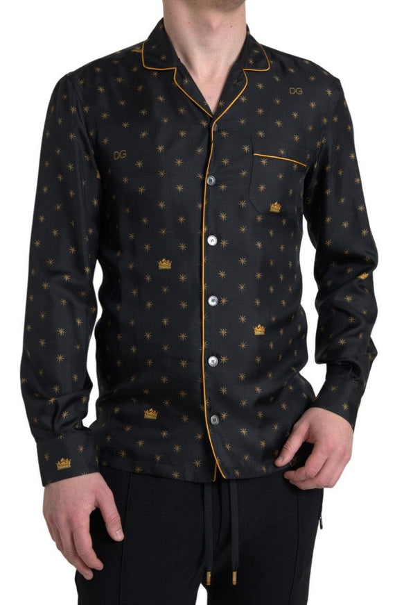 Dolce & Gabbana Black Gold Printed Men Pajama Silk Shirt - Ellie Belle