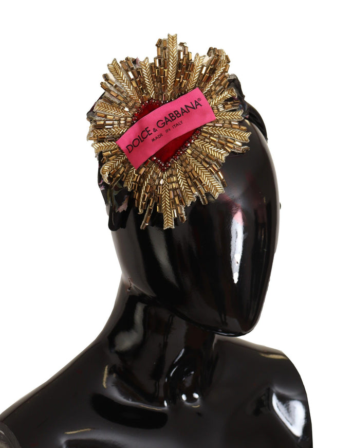 Dolce & Gabbana Black Gold Sacred Heart Logo Embellished Headband Diadem - Ellie Belle