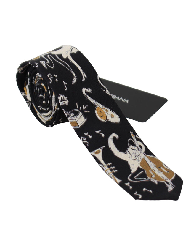Dolce & Gabbana Black Gold Silk Musical Instrument Print Narrow Tie - Ellie Belle