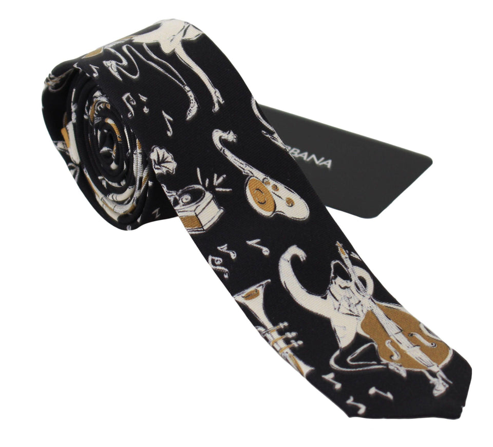 Dolce & Gabbana Black Gold Silk Musical Instrument Print Narrow Tie - Ellie Belle