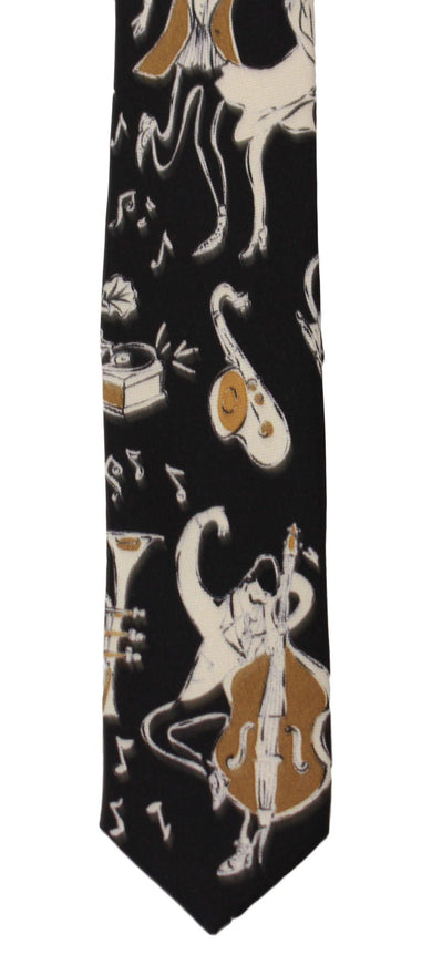 Dolce & Gabbana Black Gold Silk Musical Instrument Print Narrow Tie - Ellie Belle