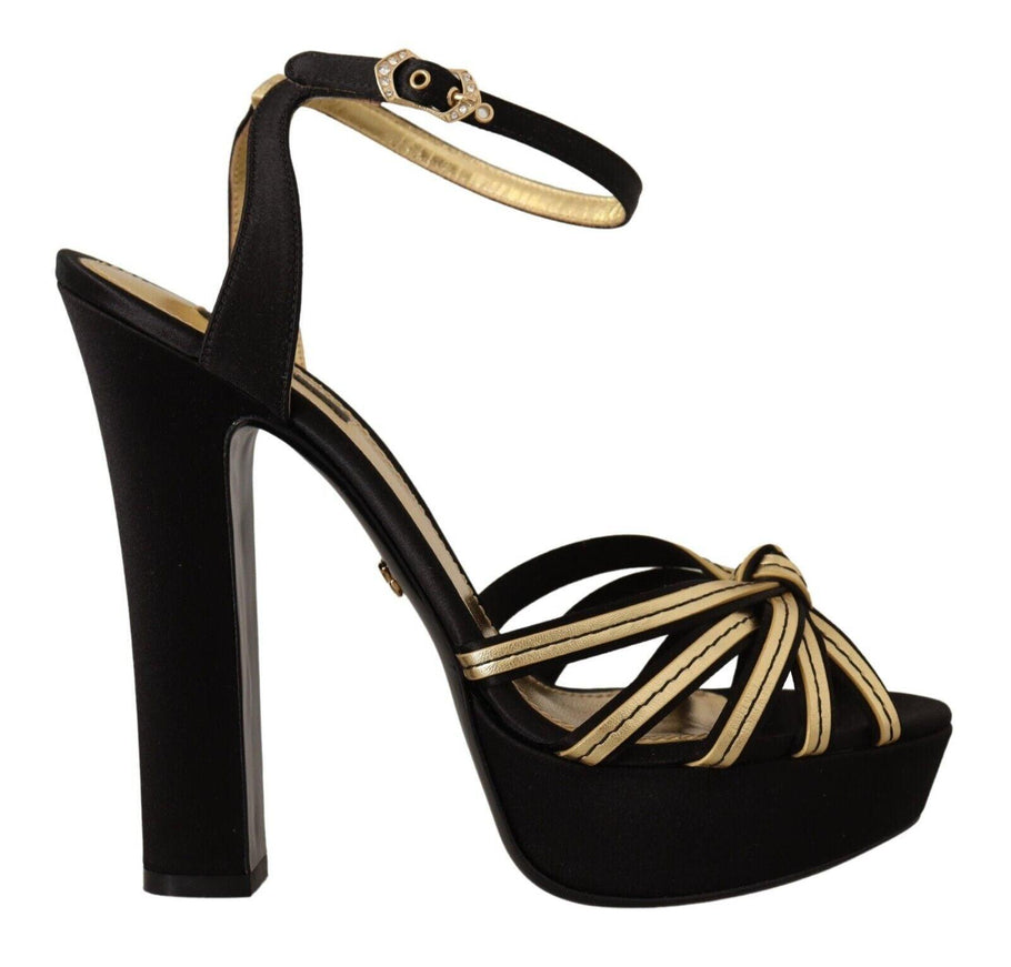 Dolce & Gabbana Black Gold Viscose Ankle Strap Heels Sandals Shoes - Ellie Belle