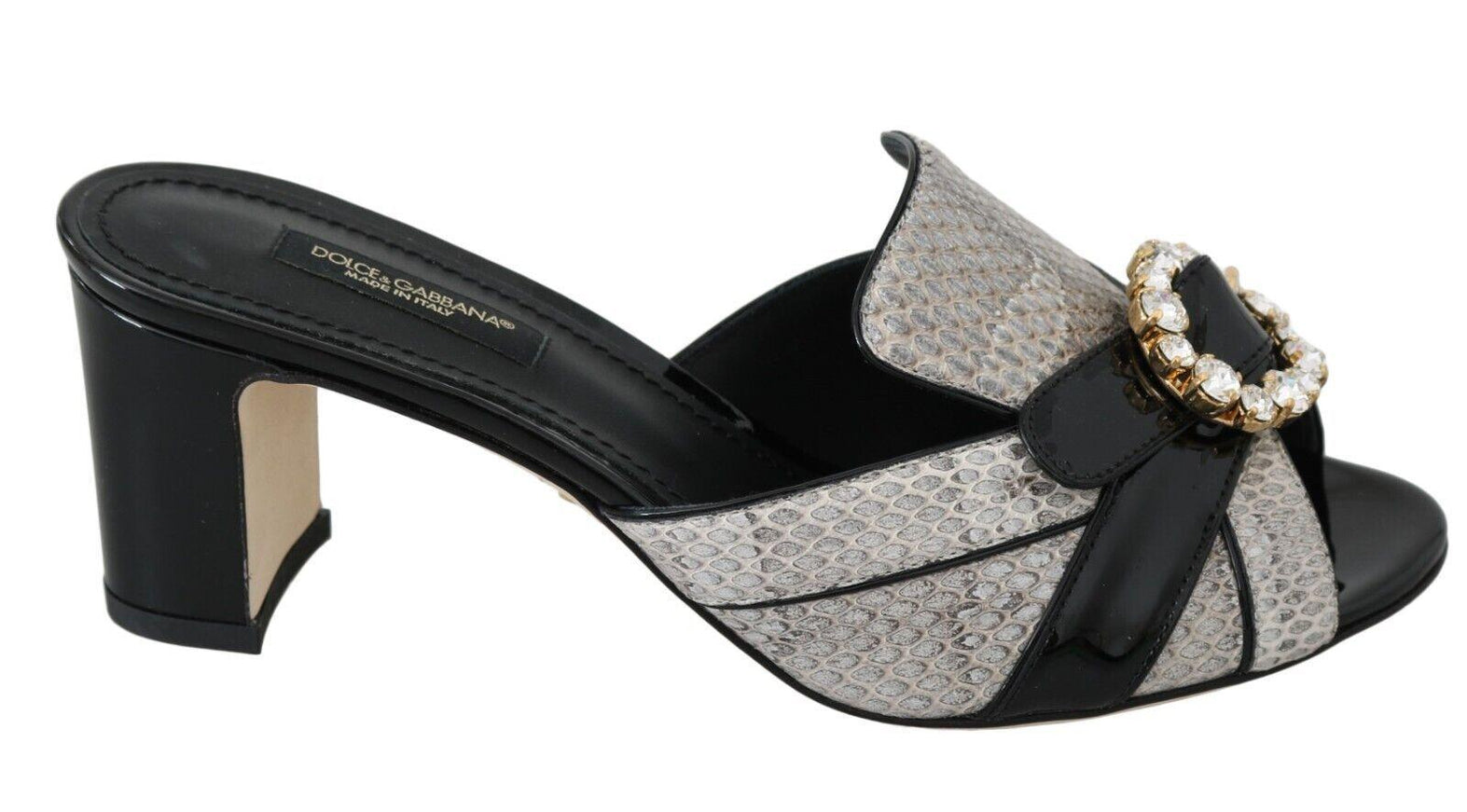 Dolce & Gabbana Black Gray Exotic Leather Crystals Sandals Shoes - Ellie Belle