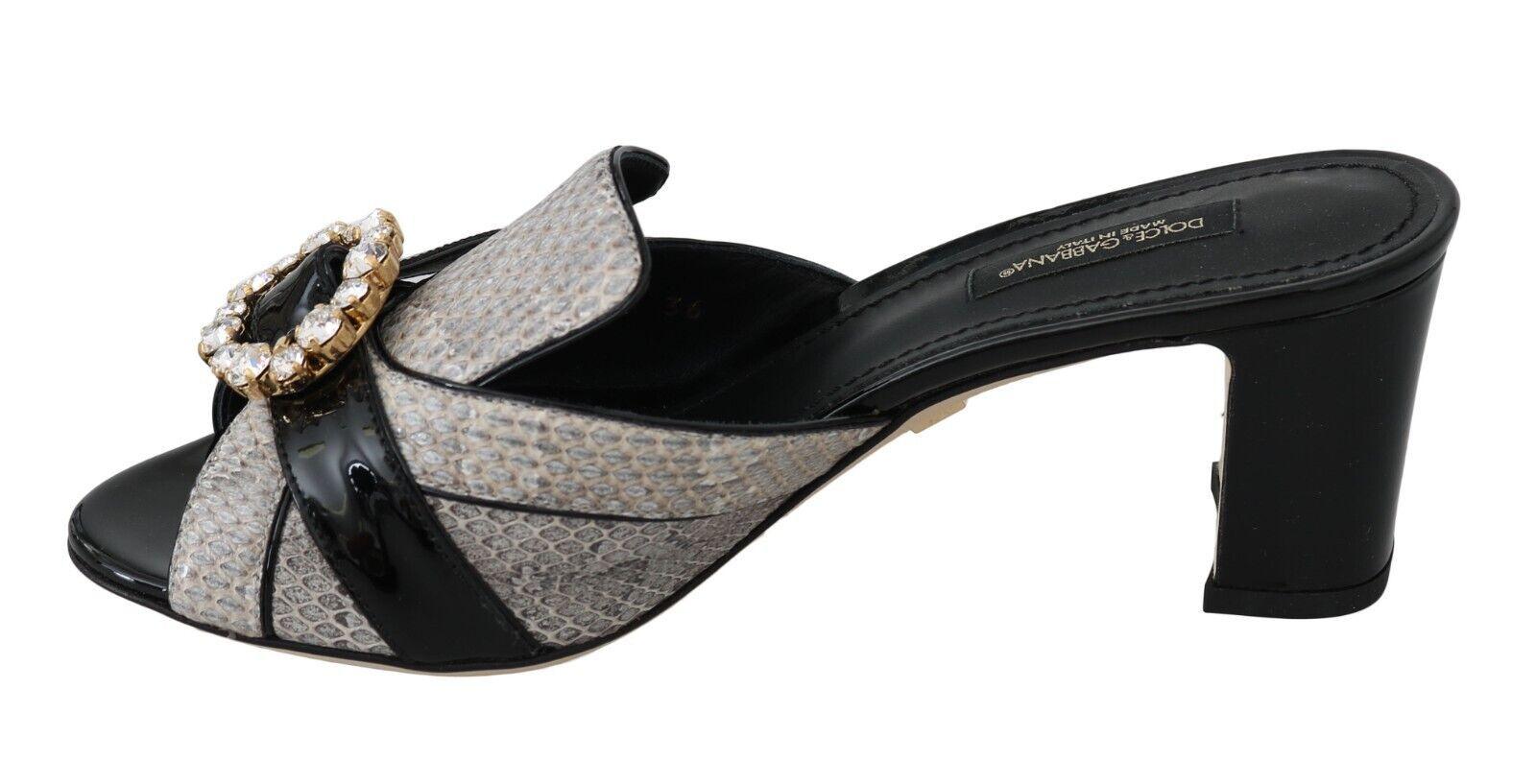 Dolce & Gabbana Black Gray Exotic Leather Crystals Sandals Shoes - Ellie Belle